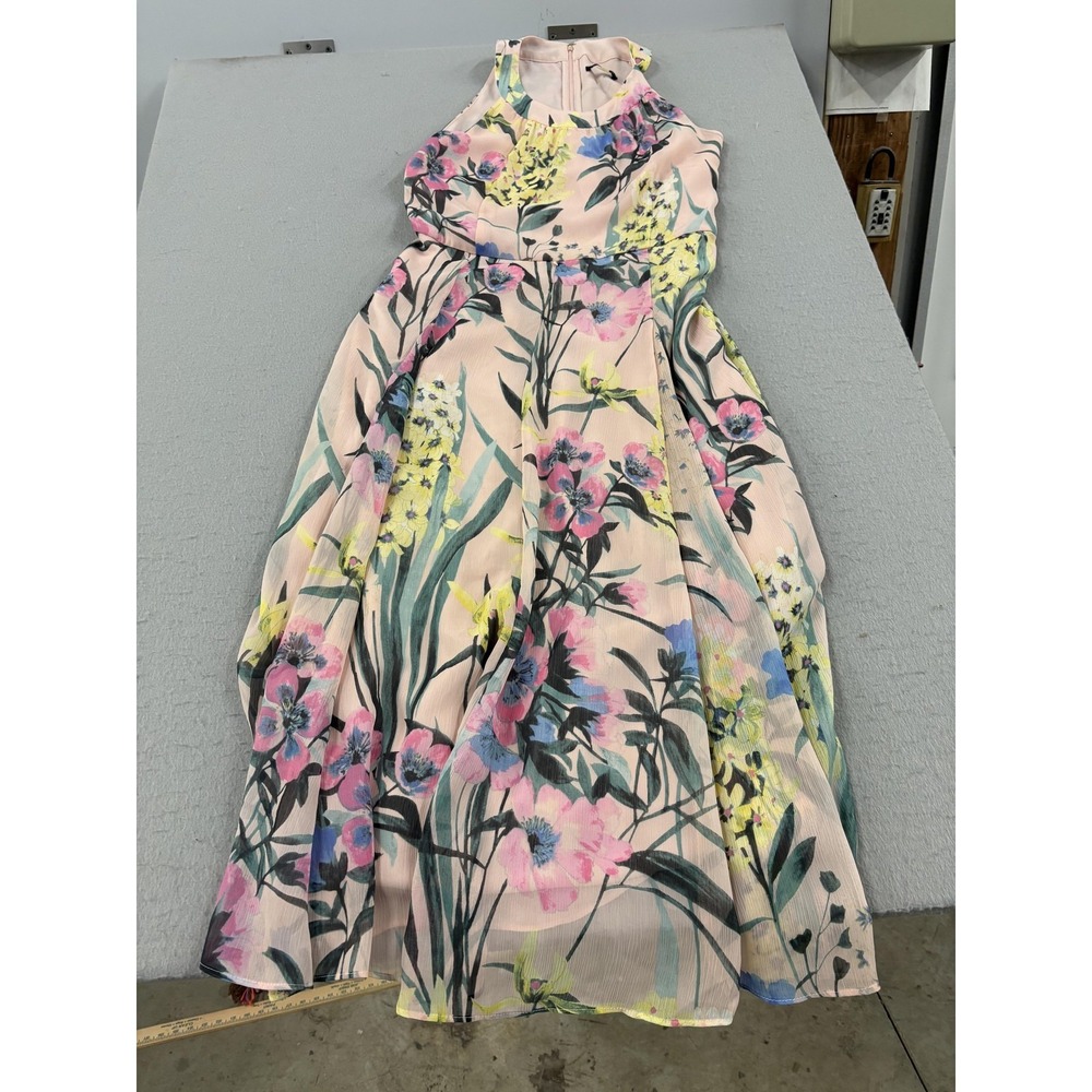 Tommy Hilfiger Dress Womens 12 Pink Floral Chiffon High Neck Pleated Maxi Formal